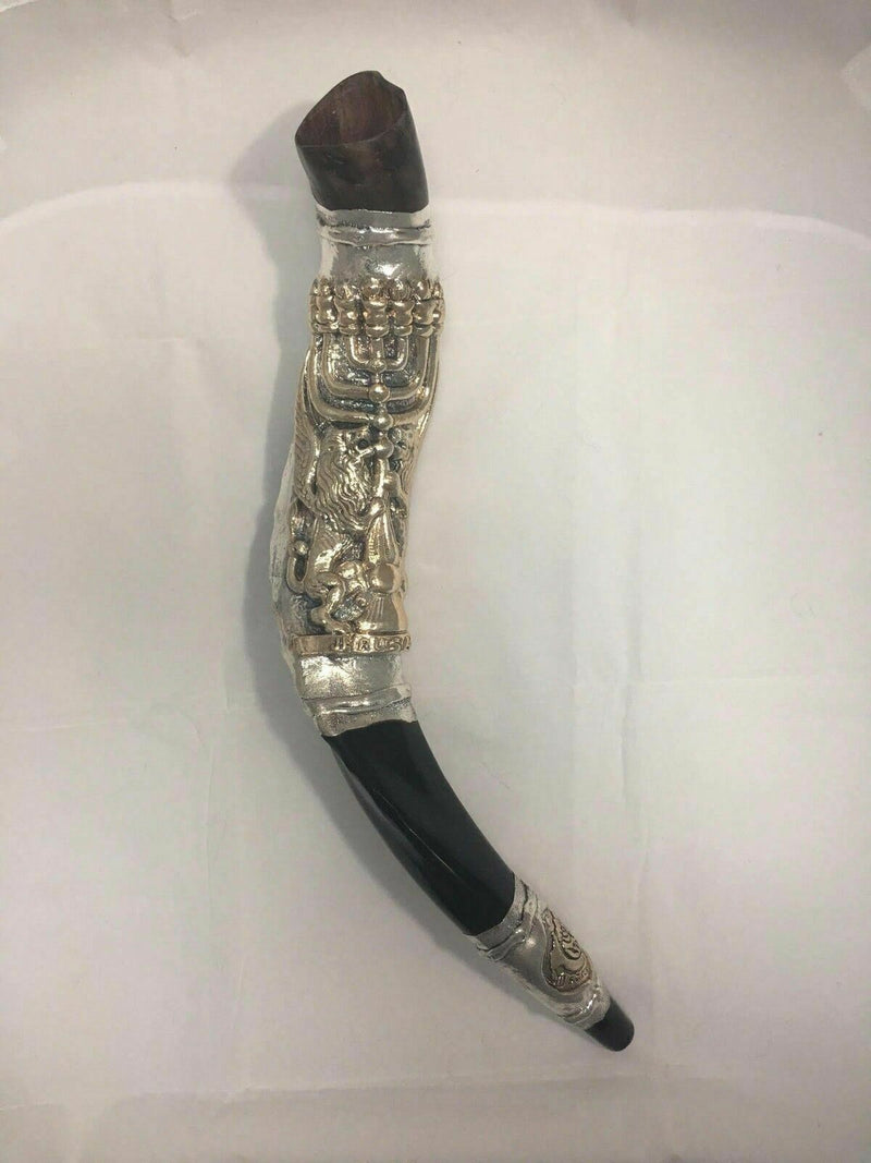 Sterling Silver Yemenite Shofar 17"-19"-Lion of Judah & Menorah+ Free Stand