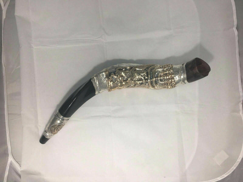 Sterling Silver Yemenite Shofar 17"-19"-Lion of Judah & Menorah+ Free Stand