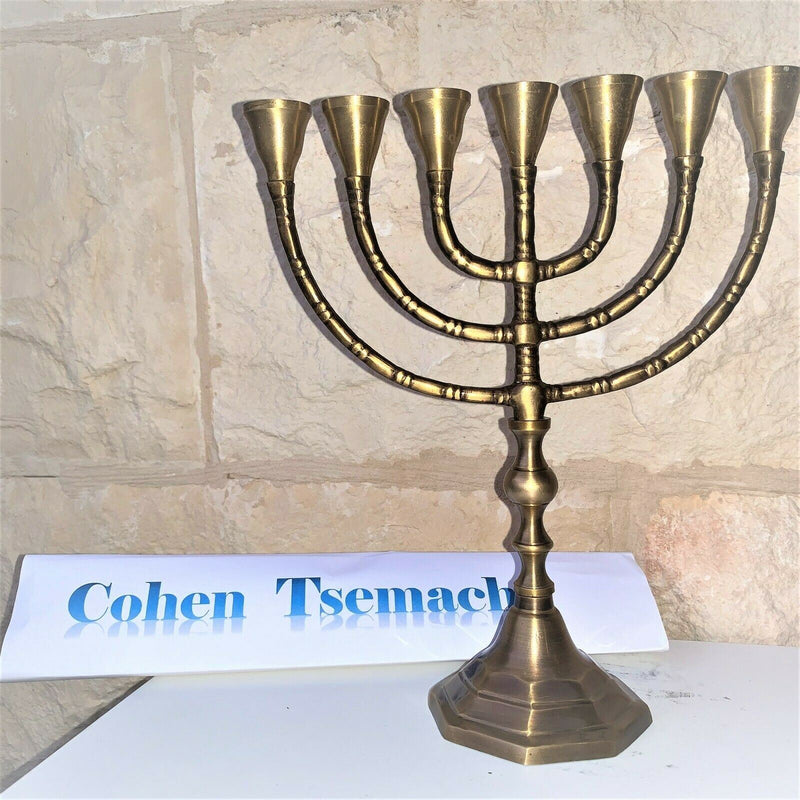 Antique Authentic Solid Copper 10 Inch Bronze Israel Temple Menorah Candle Holde