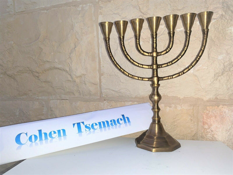 Antique Authentic Solid Copper 10 Inch Bronze Israel Temple Menorah Candle Holde