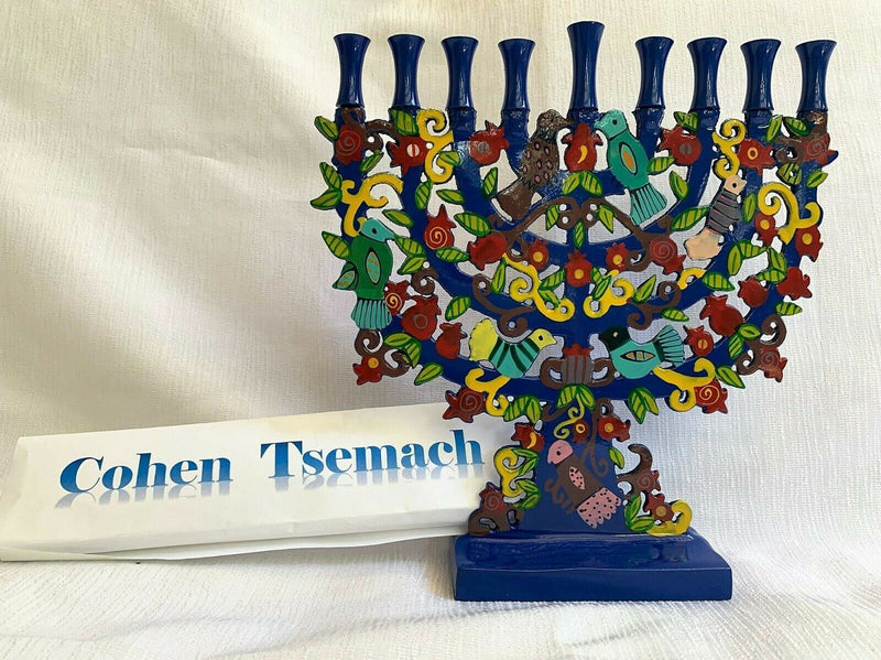 Blue Menorah with a Tree Design and Birds in Lazer BY Yair Emanuel