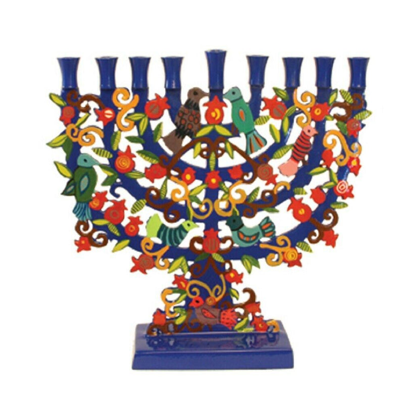 Blue Menorah with a Tree Design and Birds in Lazer BY Yair Emanuel