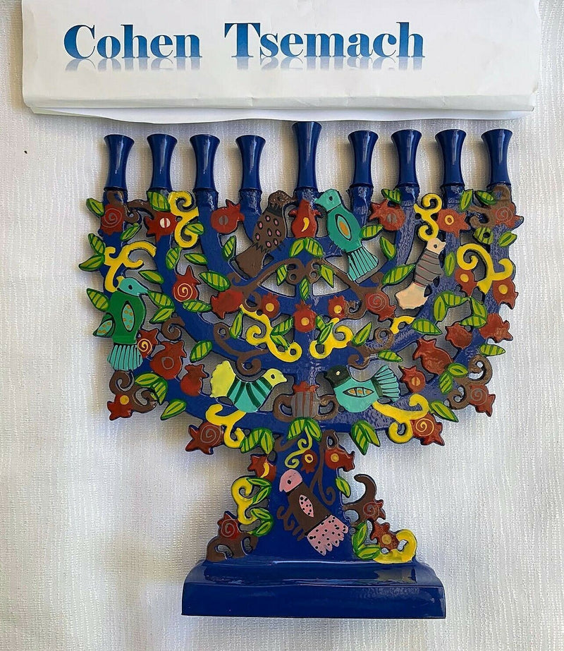 Blue Menorah with a Tree Design and Birds in Lazer BY Yair Emanuel