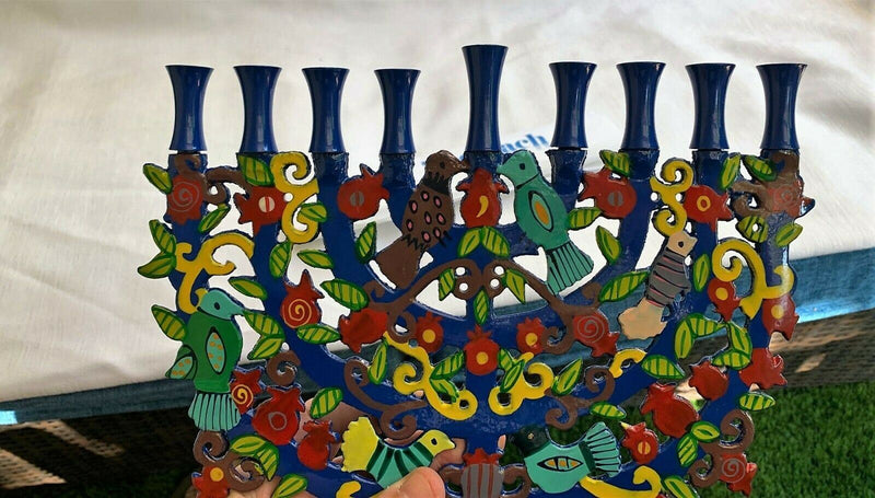 Blue Menorah with a Tree Design and Birds in Lazer BY Yair Emanuel