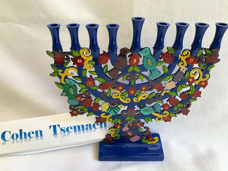 Blue Menorah with a Tree Design and Birds in Lazer BY Yair Emanuel