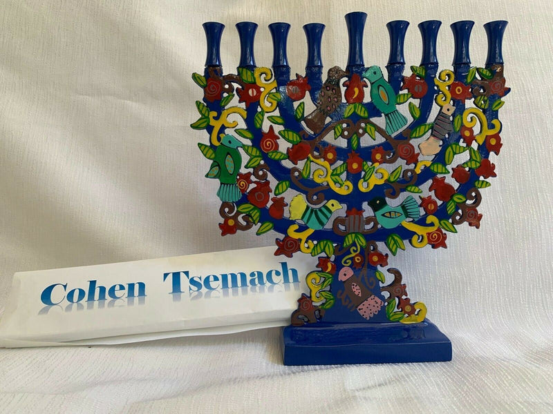 Blue Menorah with a Tree Design and Birds in Lazer BY Yair Emanuel