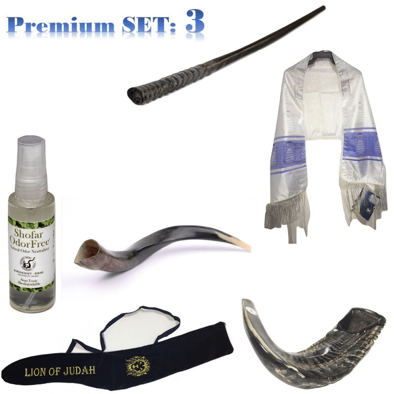 Set Shofar ,Oryx ,Ram Horn,Kudu,Tallit Messianic Kosher ,Carrying Bag+Spray