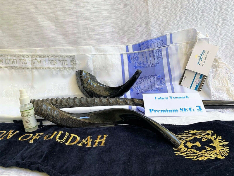 Set Shofar ,Oryx ,Ram Horn,Kudu,Tallit Messianic Kosher ,Carrying Bag+Spray