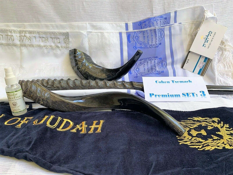 Set Shofar ,Oryx ,Ram Horn,Kudu,Tallit Messianic Kosher ,Carrying Bag+Spray