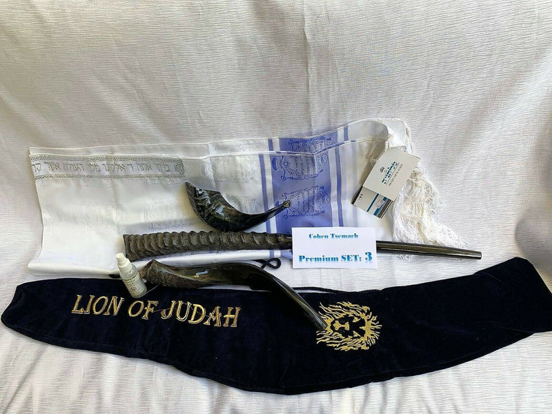 Set Shofar ,Oryx ,Ram Horn,Kudu,Tallit Messianic Kosher ,Carrying Bag+Spray