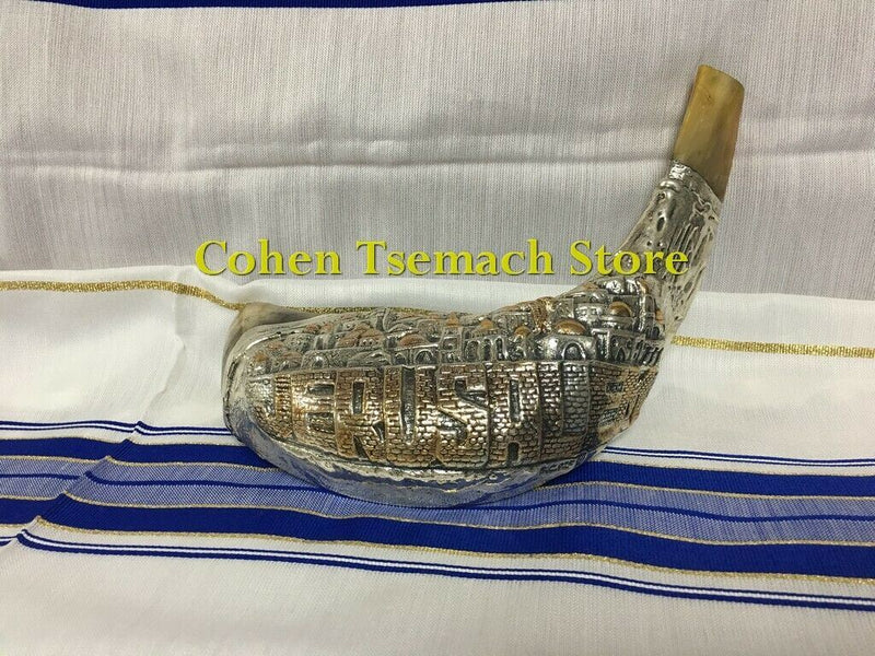 Jerusalem Old City silver plated rams' ram horn shofar 14"-16" kosher Free Stand