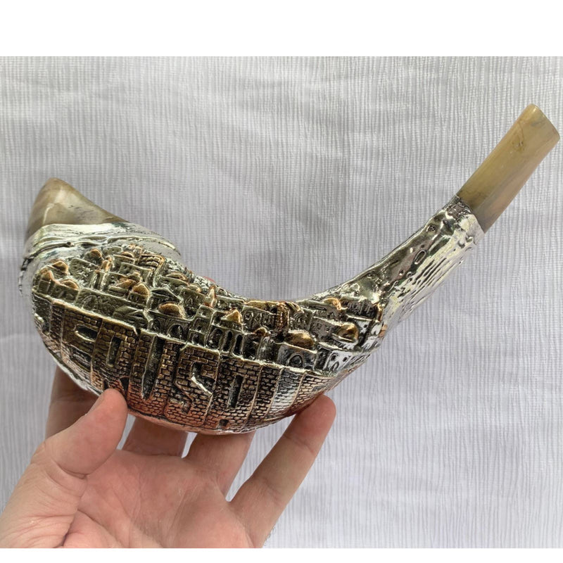 Jerusalem Old City silver plated rams' ram horn shofar 14"-16" kosher Free Stand