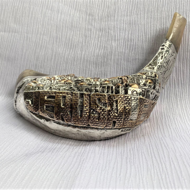 Jerusalem Old City silver plated rams' ram horn shofar 14"-16" kosher Free Stand