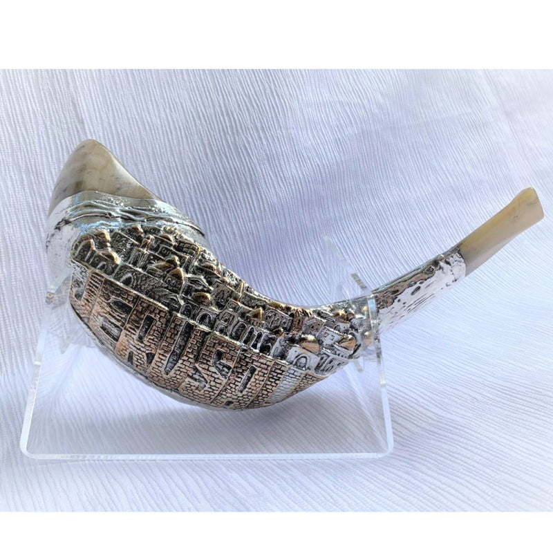 Jerusalem Old City silver plated rams' ram horn shofar 14"-16" kosher Free Stand