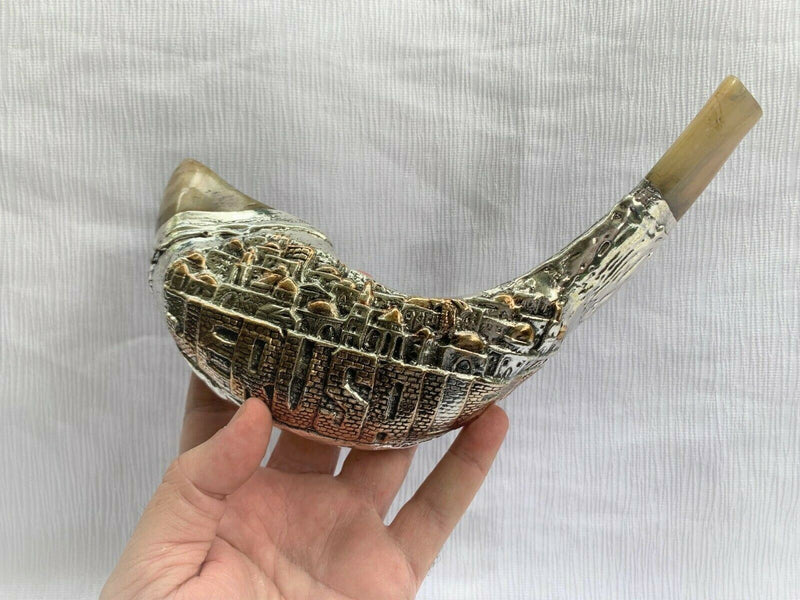 Jerusalem Old City silver plated rams' ram horn shofar 14"-16" kosher Free Stand