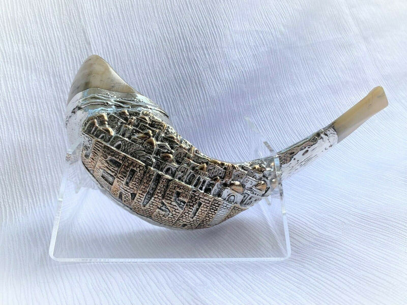 Jerusalem Old City silver plated rams' ram horn shofar 14"-16" kosher Free Stand