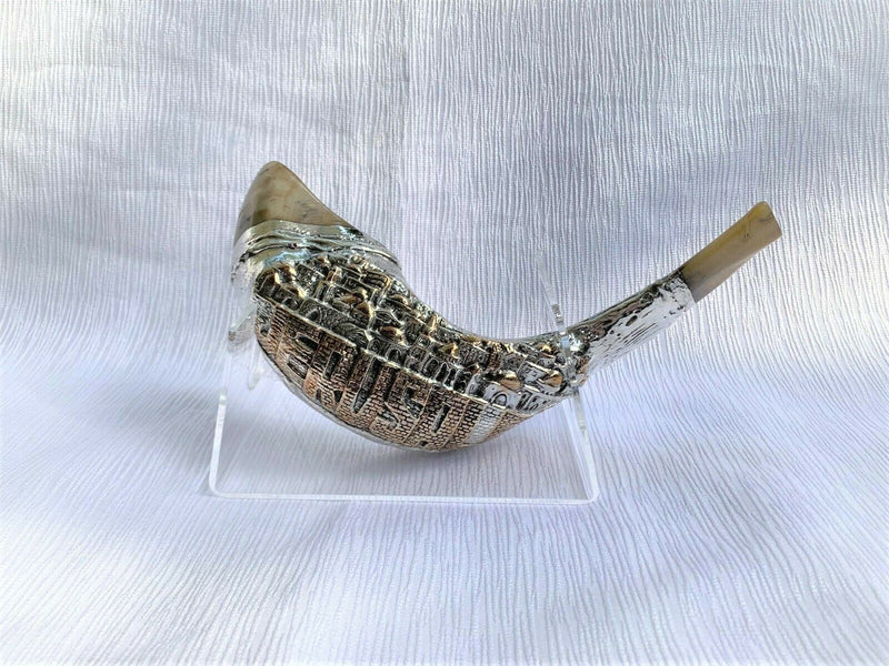 Jerusalem Old City silver plated rams' ram horn shofar 14"-16" kosher Free Stand