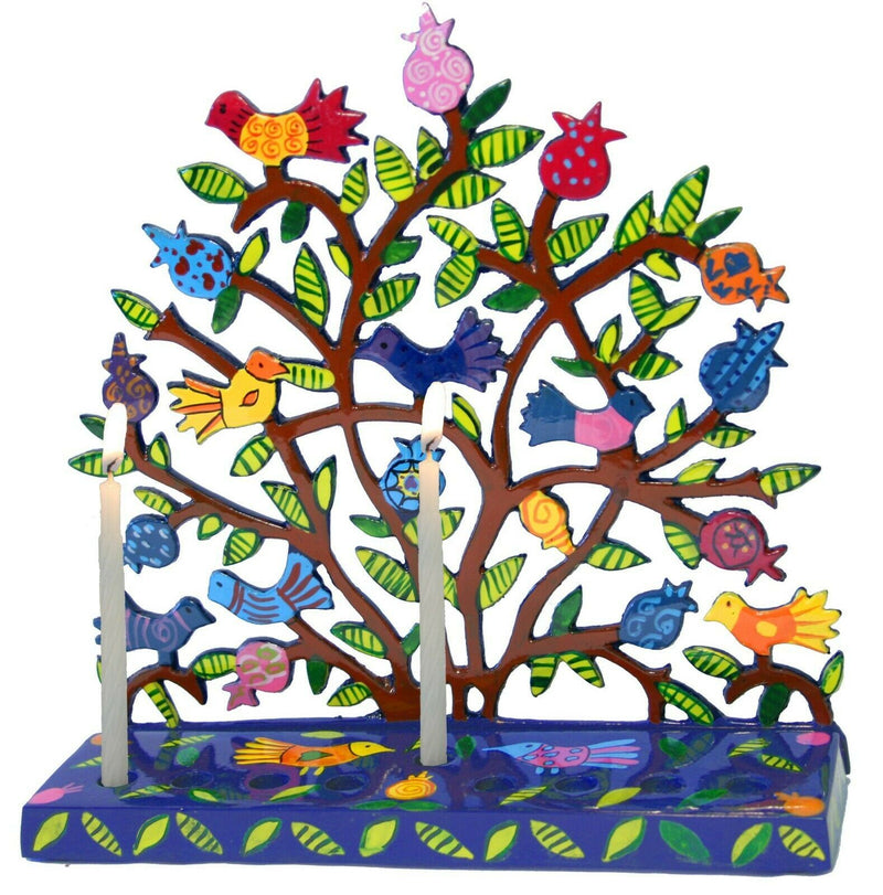 Hanukkah Menorah - Hand Painted Laser Cut - Pomegranates + Birds by yair emanuel