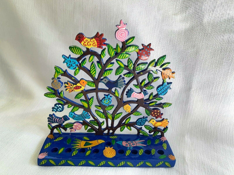 Hanukkah Menorah - Hand Painted Laser Cut - Pomegranates + Birds by yair emanuel