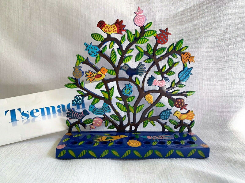 Hanukkah Menorah - Hand Painted Laser Cut - Pomegranates + Birds by yair emanuel