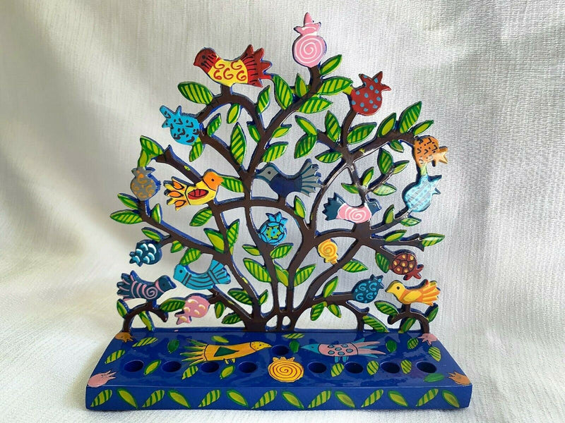 Hanukkah Menorah - Hand Painted Laser Cut - Pomegranates + Birds by yair emanuel