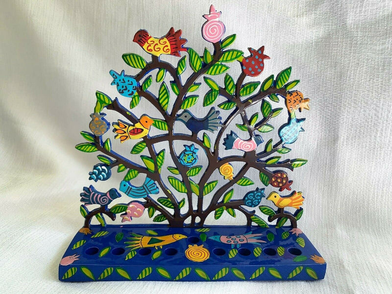 Hanukkah Menorah - Hand Painted Laser Cut - Pomegranates + Birds by yair emanuel