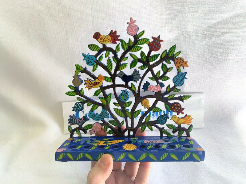 Hanukkah Menorah - Hand Painted Laser Cut - Pomegranates + Birds by yair emanuel