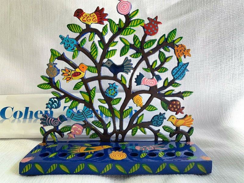 Hanukkah Menorah - Hand Painted Laser Cut - Pomegranates + Birds by yair emanuel