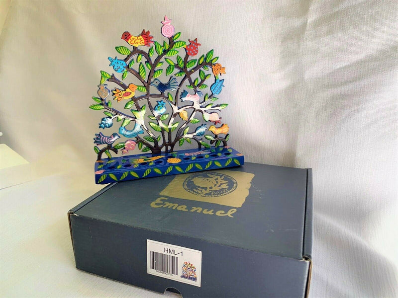 Hanukkah Menorah - Hand Painted Laser Cut - Pomegranates + Birds by yair emanuel