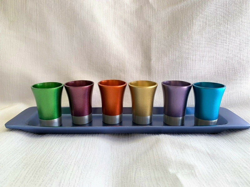 Yair Emanual Set of 6 Small Kiddush Goblets Cups with Tray Aluminum Multicolor