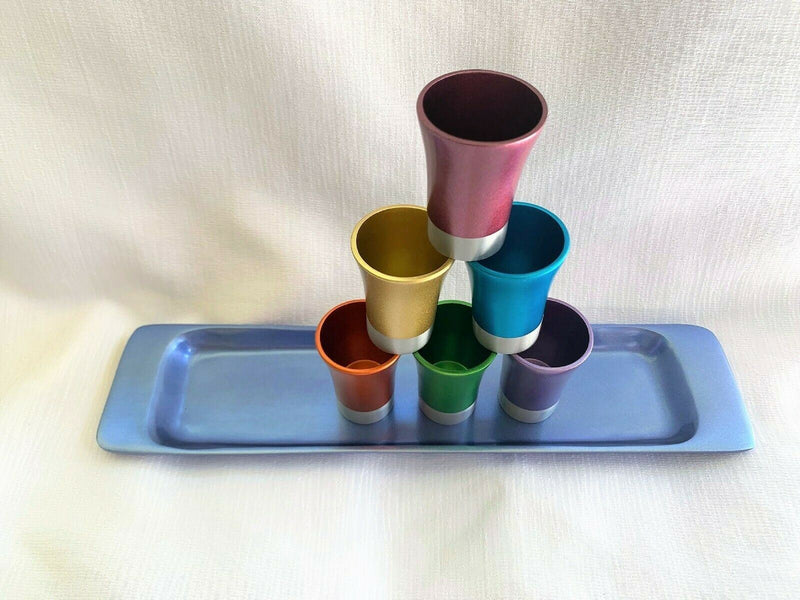 Yair Emanual Set of 6 Small Kiddush Goblets Cups with Tray Aluminum Multicolor