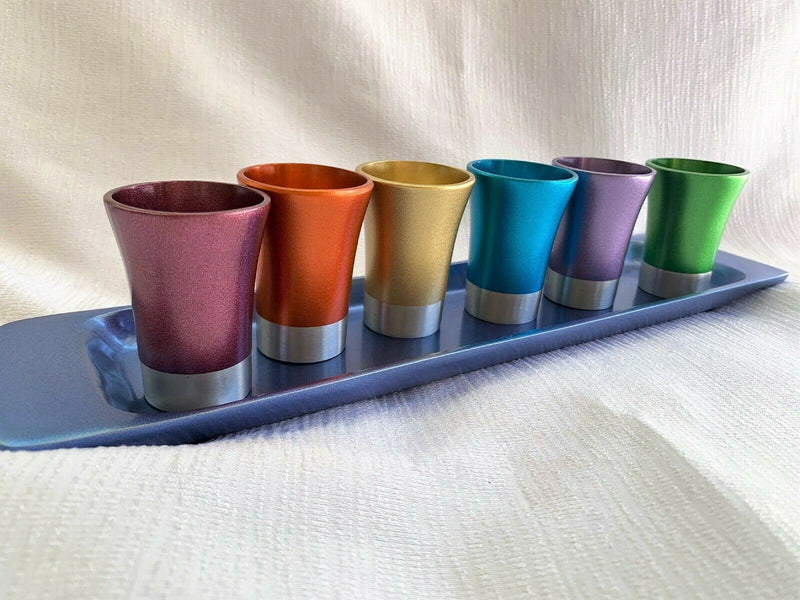 Yair Emanual Set of 6 Small Kiddush Goblets Cups with Tray Aluminum Multicolor