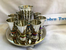 Yair Emanuel Wine Fountain Hammered Nickel Cone Shaped Cups Decorated with Color