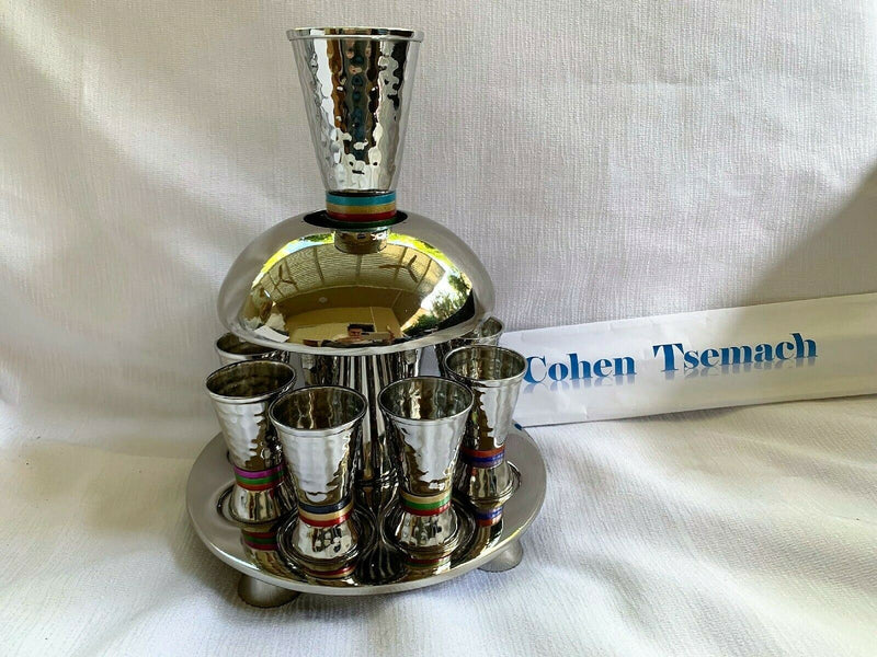 Yair Emanuel Wine Fountain Hammered Nickel Cone Shaped Cups Decorated with Color