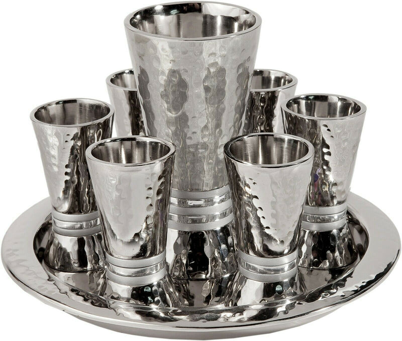 Kiddush Set - Silver Nickel Hamerwork Set 6 Cups & Kiddush Cup by yair emanuel
