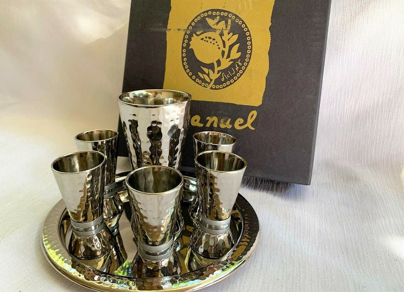 Kiddush Set - Silver Nickel Hamerwork Set 6 Cups & Kiddush Cup by yair emanuel