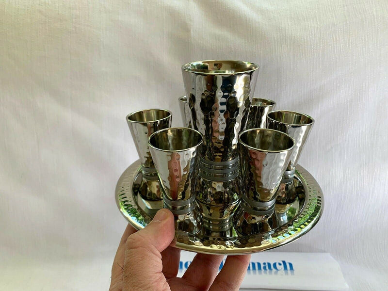 Kiddush Set - Silver Nickel Hamerwork Set 6 Cups & Kiddush Cup by yair emanuel