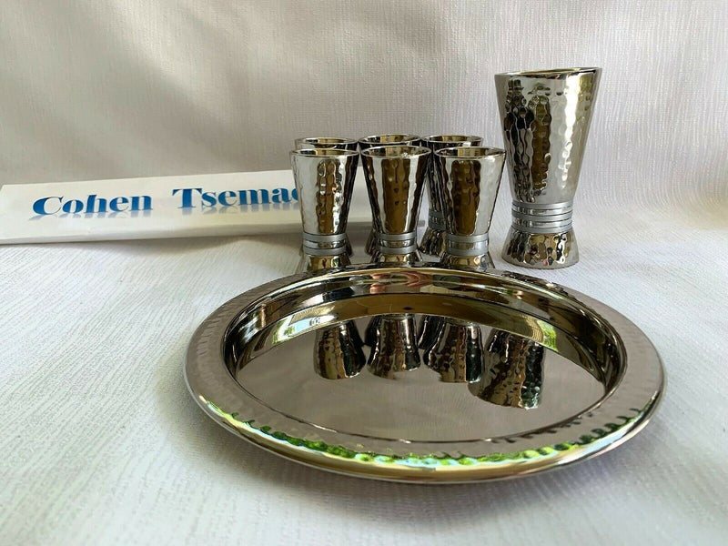 Kiddush Set - Silver Nickel Hamerwork Set 6 Cups & Kiddush Cup by yair emanuel