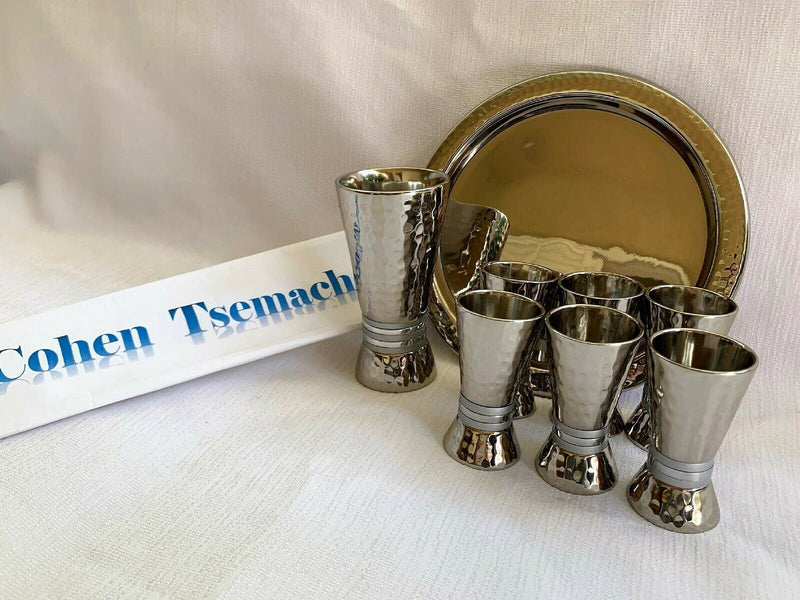 Kiddush Set - Silver Nickel Hamerwork Set 6 Cups & Kiddush Cup by yair emanuel