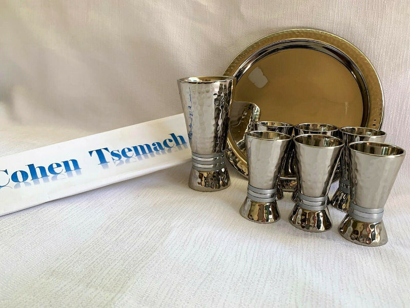 Kiddush Set - Silver Nickel Hamerwork Set 6 Cups & Kiddush Cup by yair emanuel