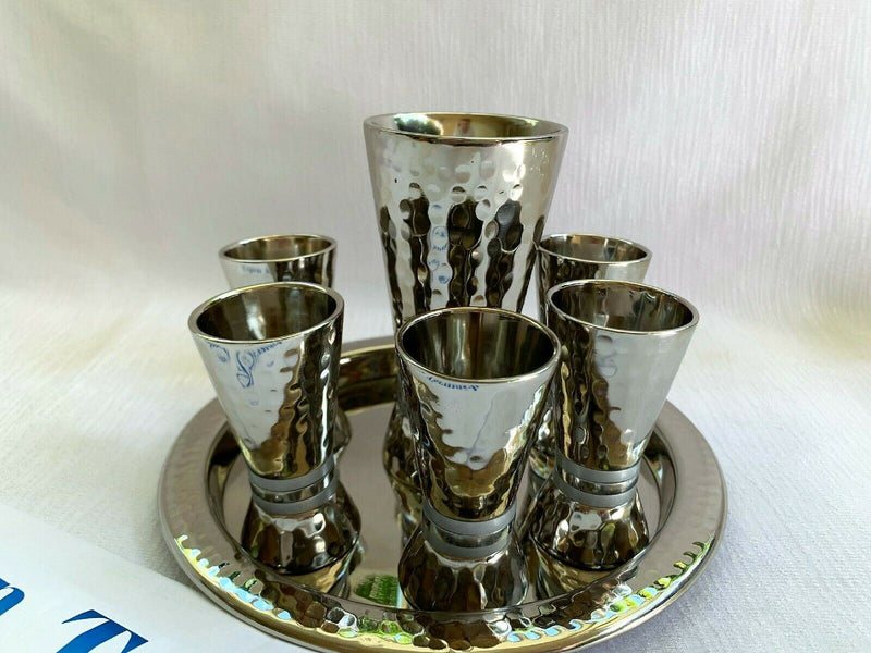 Kiddush Set - Silver Nickel Hamerwork Set 6 Cups & Kiddush Cup by yair emanuel