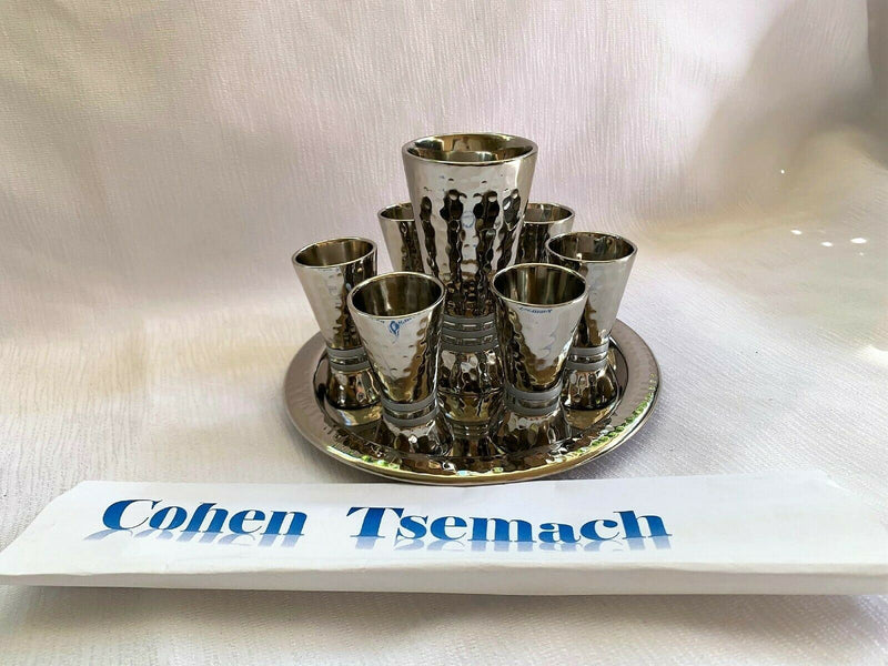 Kiddush Set - Silver Nickel Hamerwork Set 6 Cups & Kiddush Cup by yair emanuel