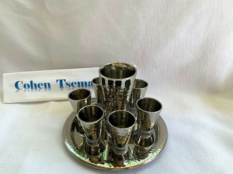 Kiddush Set - Silver Nickel Hamerwork Set 6 Cups & Kiddush Cup by yair emanuel