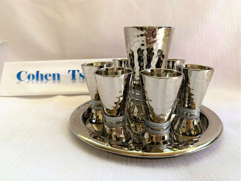 Kiddush Set - Silver Nickel Hamerwork Set 6 Cups & Kiddush Cup by yair emanuel