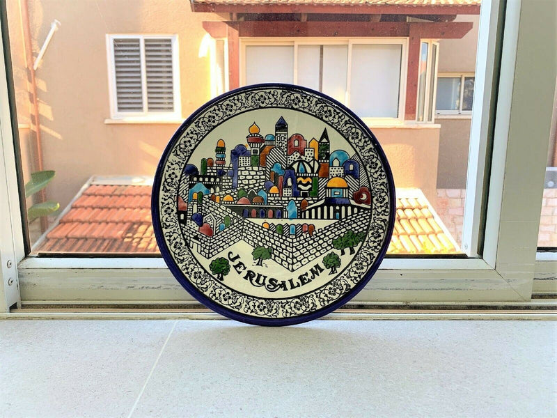 Jerusalem City Walls and Old City View Armenian Ceramic Plate Hand painted 10.5"