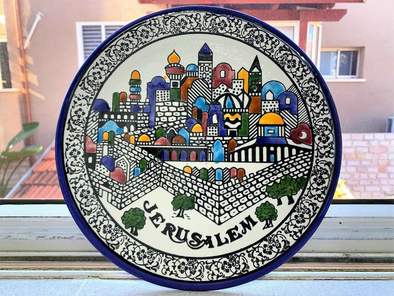 Jerusalem City Walls and Old City View Armenian Ceramic Plate Hand painted 10.5"