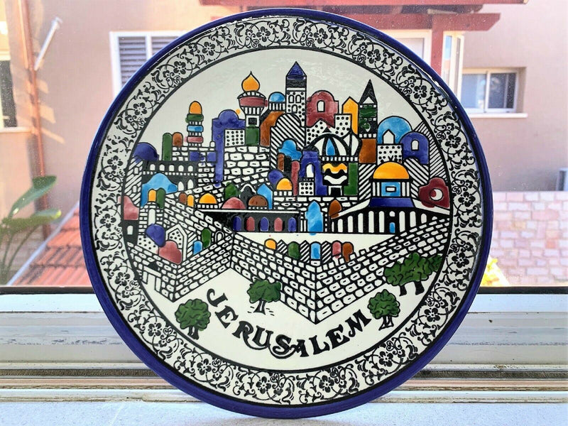 Jerusalem City Walls and Old City View Armenian Ceramic Plate Hand painted 10.5"