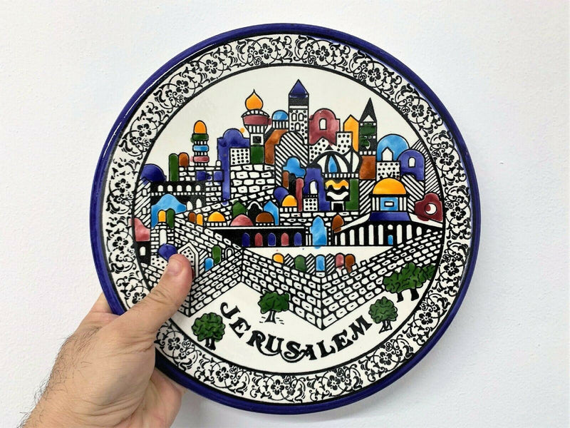 Jerusalem City Walls and Old City View Armenian Ceramic Plate Hand painted 10.5"