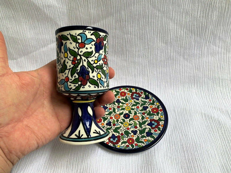 Amaizing Armenian Ceramics Kiddush Cup with Plate Design Maroon Floral Theme