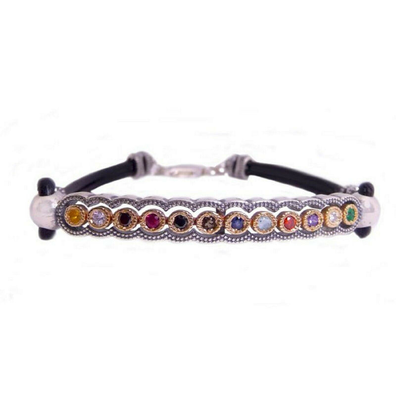 925 Sterling Silver, Leather & 9K Gold Hoshen (Twelve Tribes) Stone Bracelet